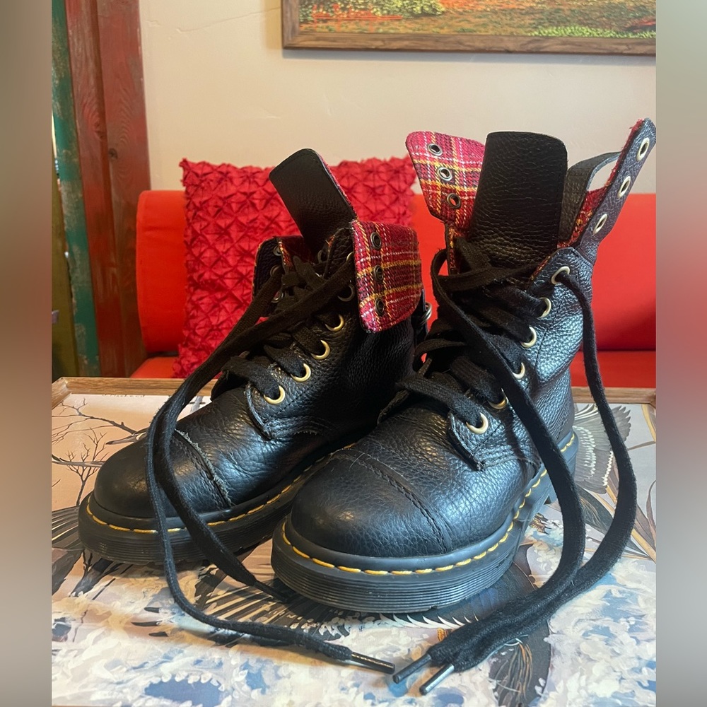 Black Leather & Red Plaid Boots Dr. Martens